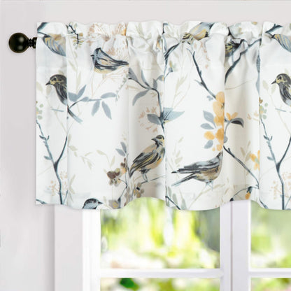 Faux Linen Curtains Valance for Farmhouse, 1 Panel Birds Print Country Style Window Topper for Living Dining Room, Top Rod Pocket, 42 x 12 Inches, Grey
