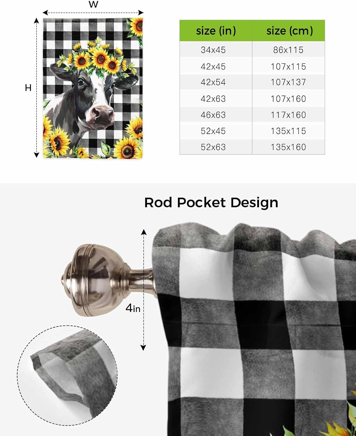 Tie Up Valance Yellow Sunflower Cow Window Curtain Shades Buffalo Check Plaid Black White for Kitchen Bathroom Living Room, Balloon Shade, 34"x45"