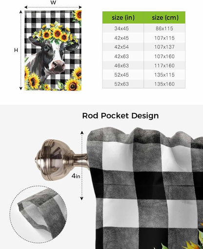 Tie Up Valance Yellow Sunflower Cow Window Curtain Shades Buffalo Check Plaid Black White for Kitchen Bathroom Living Room, Balloon Shade, 34"x45"