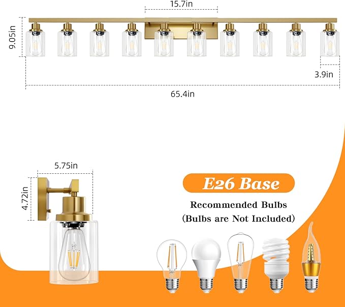 DIKAIDA Gold Bathroom Vanity Light, 10-Light Brushed Gold Bathroom Light - Image 3