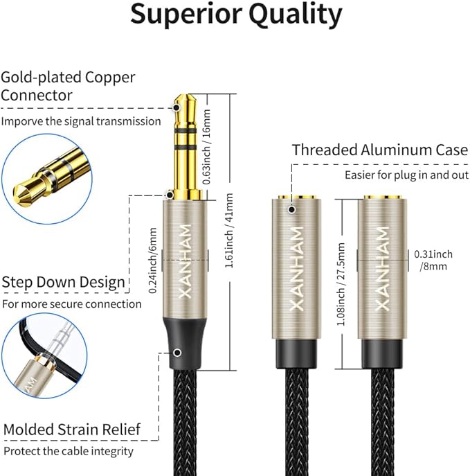 XANHAM 3.5mm Audio Stereo Y Splitter TRS Aux 1/8 Inch Mini Jack Extension 1 in - Image 3