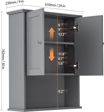 Grey Wall Mounted Bathroom Cabinet 24x30 Inch Wooden Over Toilet Storage Cabinet - Image 2
