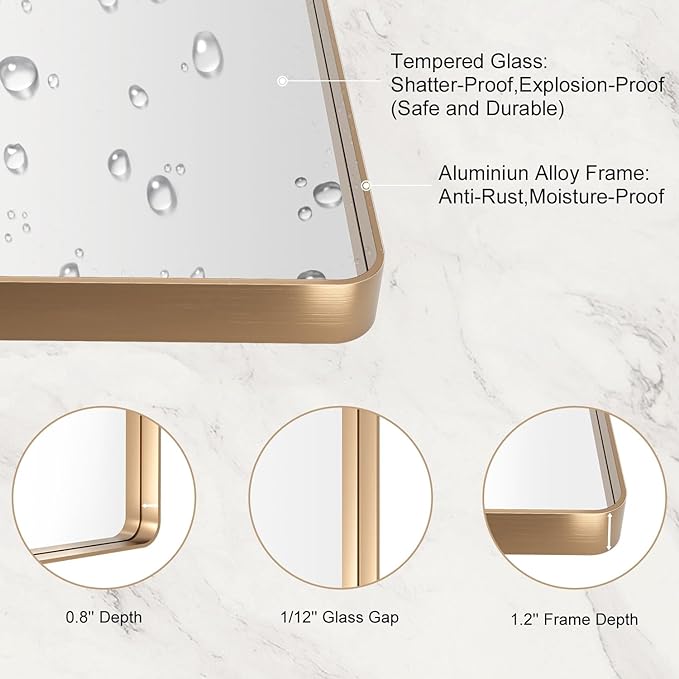 LOAAO 24”X36” Gold Bathroom Mirror, Rounded Rectangle Gold Frame Mirror - Image 5