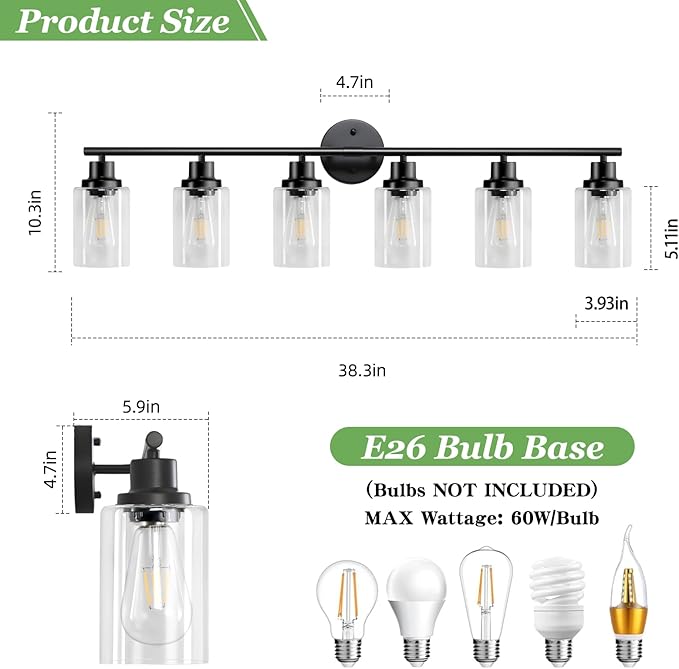 Guliaofo 6-Light E26 Black Bathroom Vanity Lights, Modern Bathroom Light - Image 2