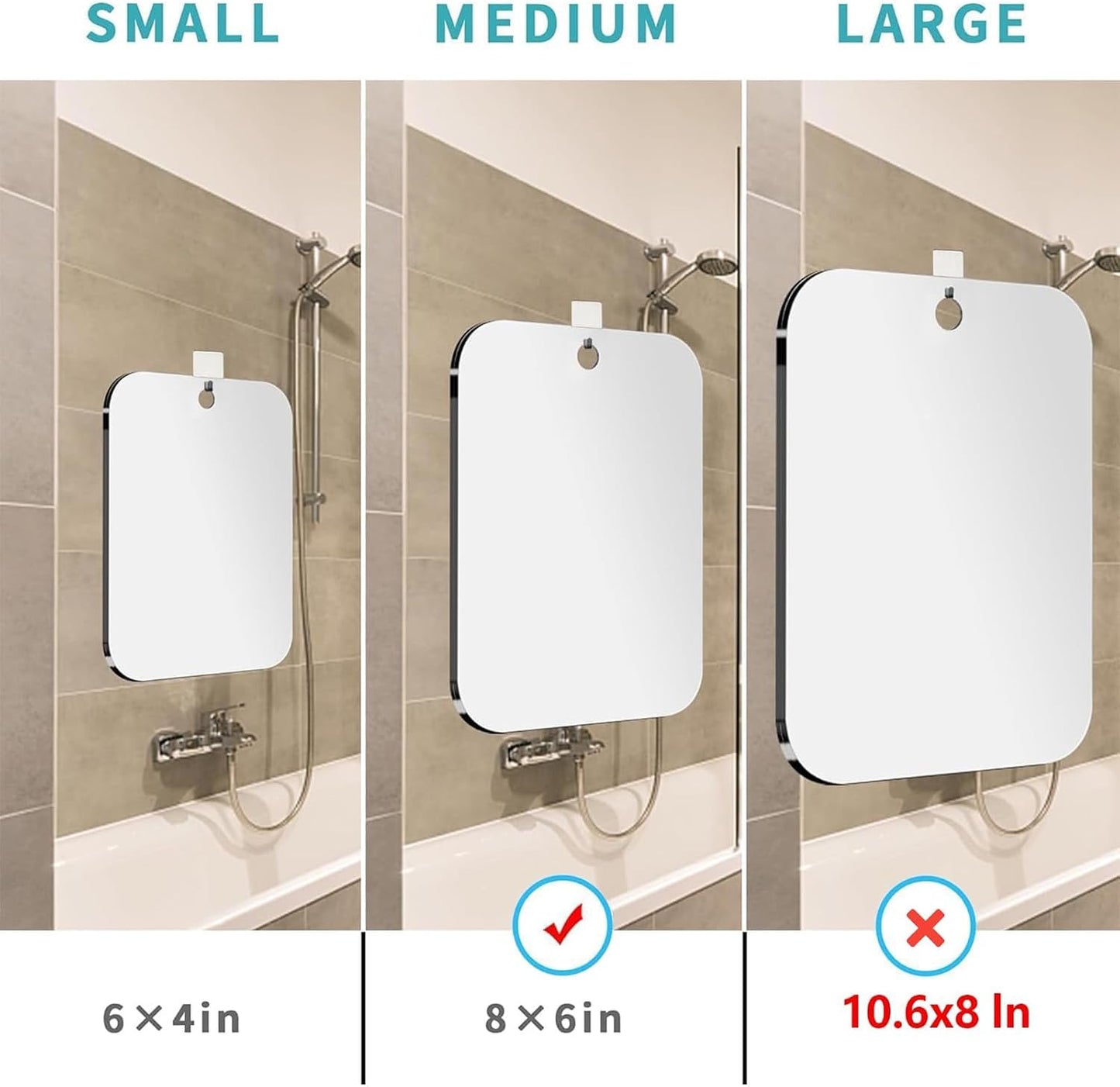Shatterproof Shower Mirror Fogless for Shaving(Medium 8x6 inch), Unbreakable Deluxe Plexiglass Makeup Mirror with 2 Hooks, Locker Mirrors for Shower, Shower Mirror Fogless, Portable Handheld Camping