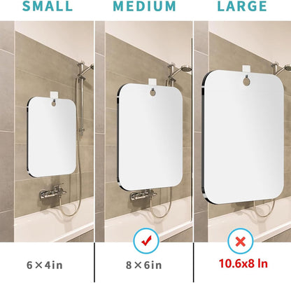 Shatterproof Shower Mirror Fogless for Shaving(Medium 8x6 inch), Unbreakable Deluxe Plexiglass Makeup Mirror with 2 Hooks, Locker Mirrors for Shower, Shower Mirror Fogless, Portable Handheld Camping