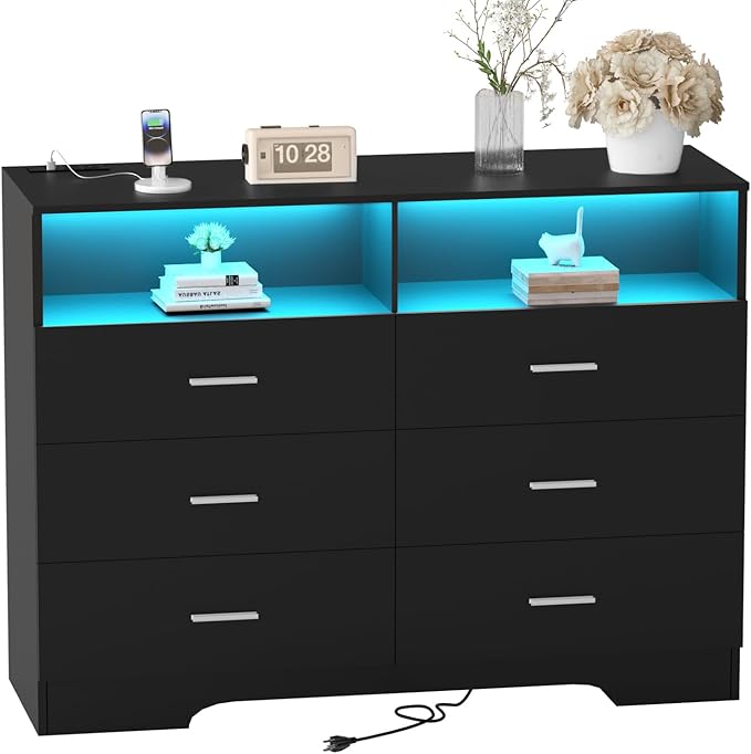 Dresser with Power Outlets and LED Lights Wooden 6 Drawer Dresser with Large by FJTJBSI