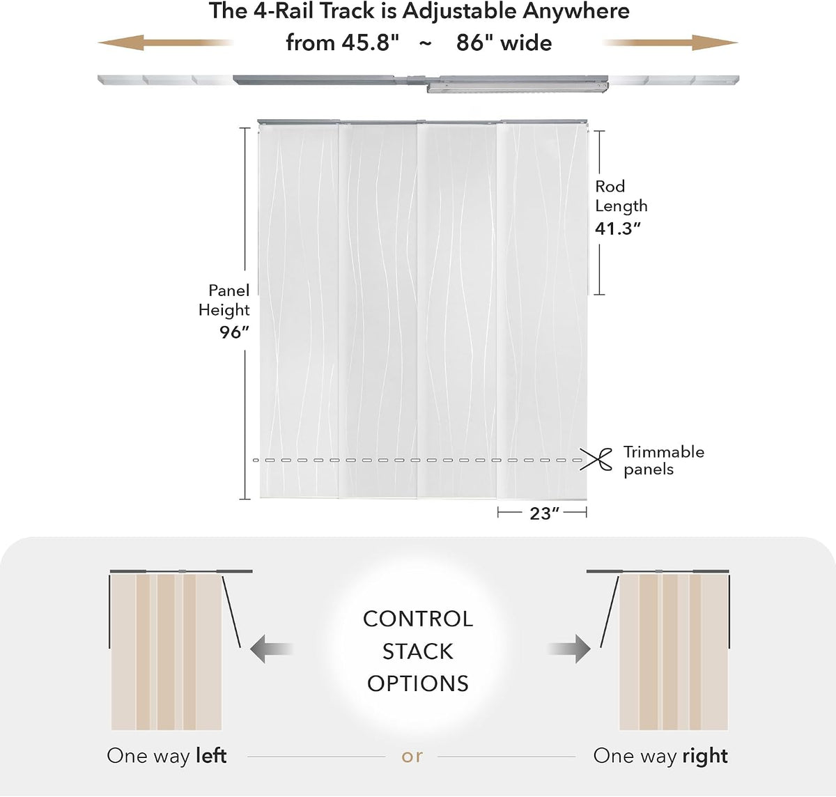 Panel Blinds Light Filter White 45.8"-86" x 96", Catch Me | White Light-Filtering Panel Blinds with Adjustable Track and Trim-to-Fit Panels for Windows and Patio Doors