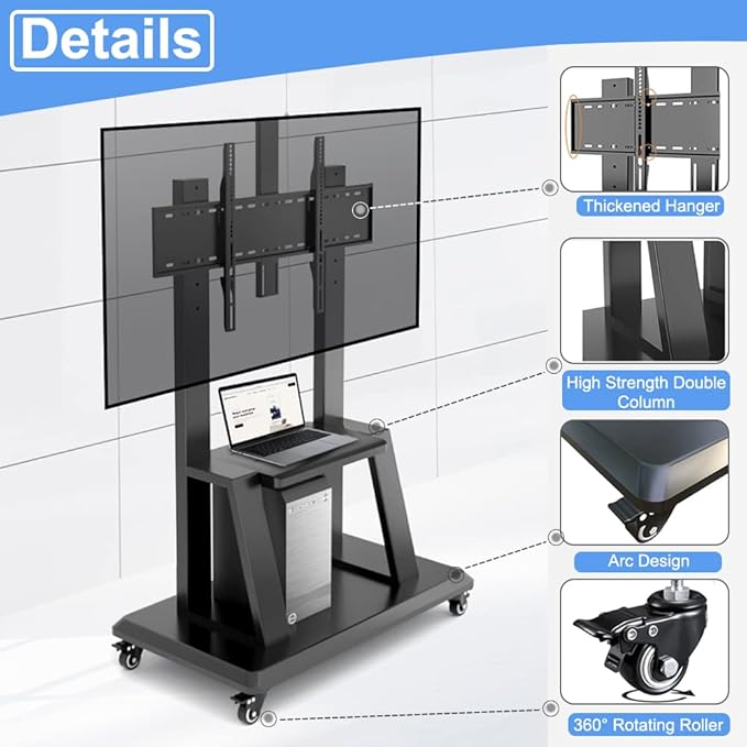 Hellsehen Mobile TV Stand, Rolling TVs Cart on Wheels Height Adjustable - Image 3