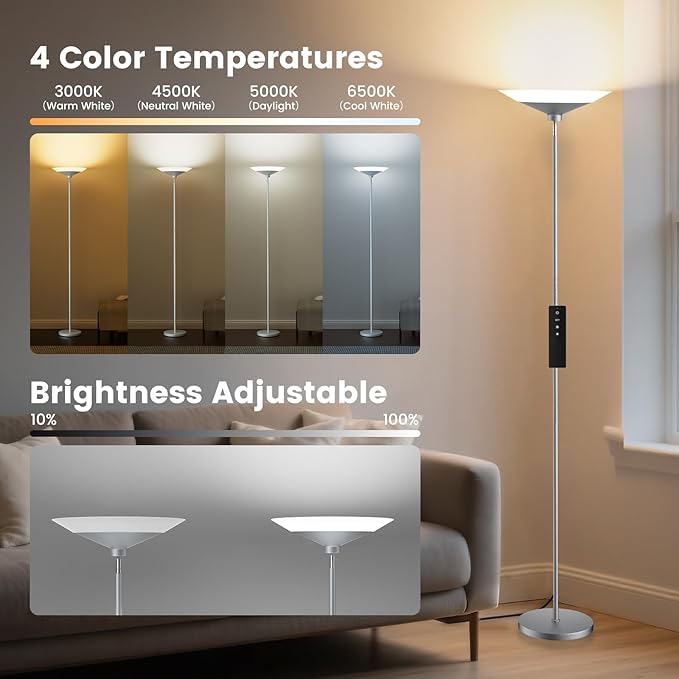 SIBRILLE Silver Torchiere Floor Lamp - 30W Dimmable LED Standing Lamp - Image 3