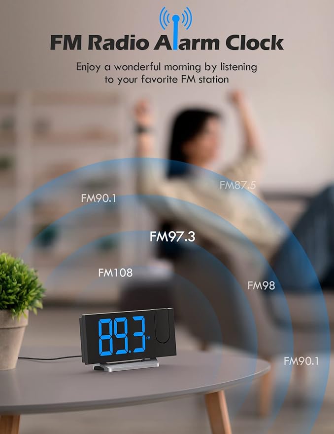 Projection Alarm Clock with FM Radio, USB Charging Port, 0-100% Dimmer - Image 4