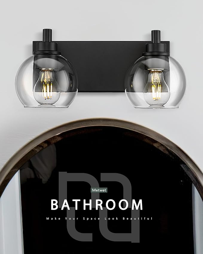 METWET Bathroom Light Fixtures, 2 Light Matte Black Vanity Light, Modern Wall - Image 4