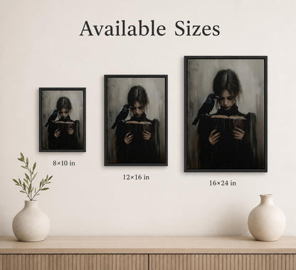 Framed Dark Academia Wall Art Gothic Girl Reading Wall Decor 8x10 Inch | Victorian Woman Wall Decor,Gothic Raven Picture Artwork for Library Corner Bedroom Dorm Study Home Decoration