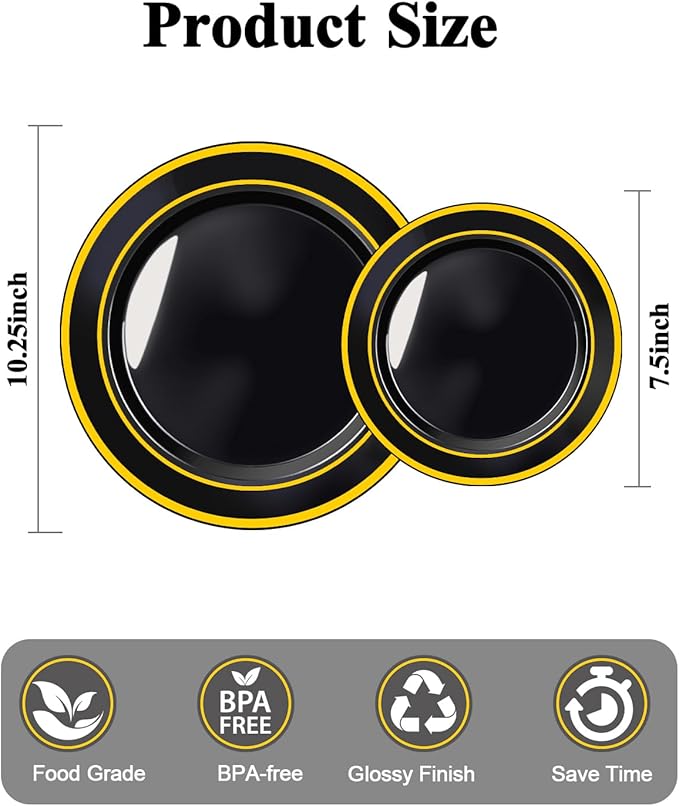 200PCS Black Plastic Plates Set with Gold Rim, 100 10.25 inch Dinner Plates a...