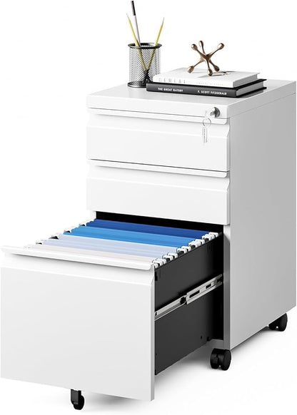 MIIIKO White Filing Cabinet 3 Drawers on Wheels Under Desk, Metal Rolling File by MIIIKOOfficeFurniture