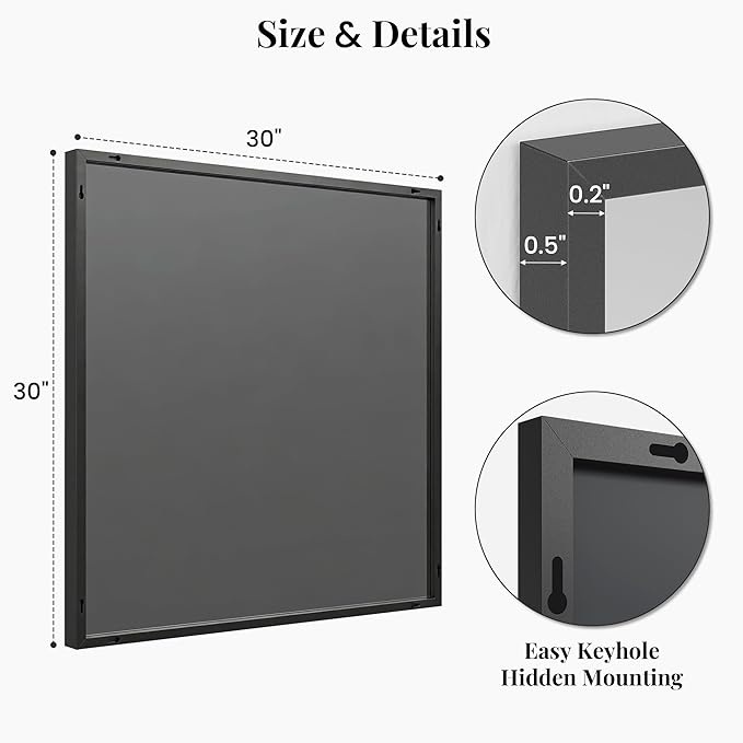 30''x30'' Square Black Bathroom Mirror, Matte Metal Framed Wall Mirror - Image 7