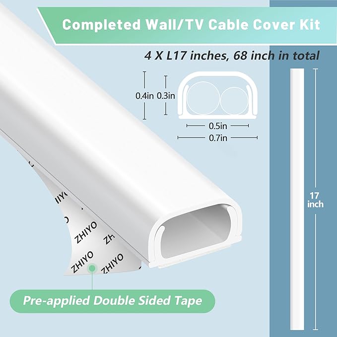 Wire Covers for 2 Cords, 68in Wire Hider on Wall Mounted, Cable Cover Paintable - Image 4