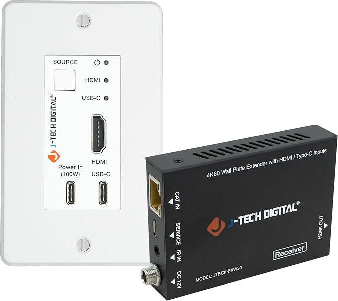 J-Tech Digital 4K HDMI & USB C Extender Over Single Cat5 5e 6 7 Cable, by J-TechDigital