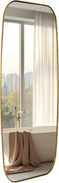 18x48 Full Length Wall Mirror, Brushed Gold Oblong Shaped Body Mirror with Stainless Steel Metal Frame, Rounded Corner Design for Floor and Leaning