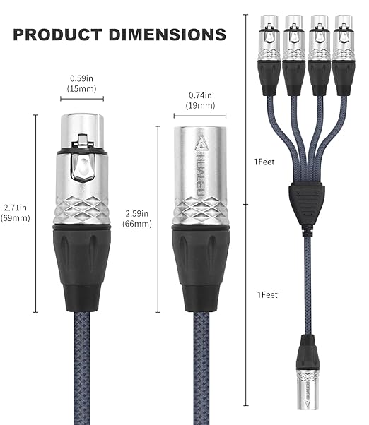 HUALEU 3Pin XLR 1 Male to 4 Female Splitter Cable 2Feet, 4WAY XLR Four-Input - Image 3