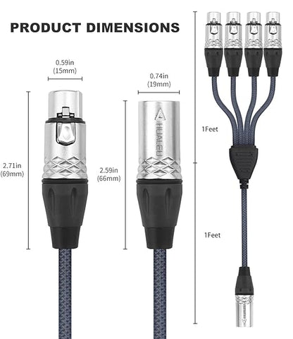 HUALEU 3Pin XLR 1 Male to 4 Female Splitter Cable 2Feet, 4WAY XLR Four-Input - Image 3