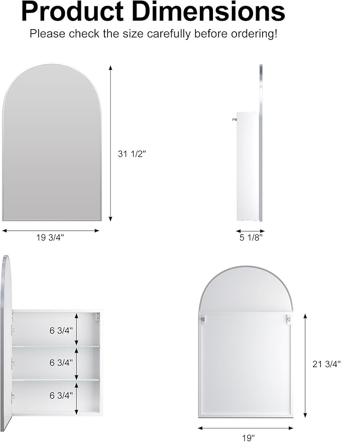 Arched Medicine Cabinet with Mirror, Brushed Nickel Mirror Cabinet with Storage - Image 2