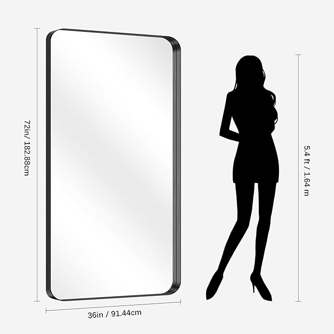 CIRCUMI Black Bathroom Mirror, Rounded Corner, Tempered Glass, Large Mirror - Image 8
