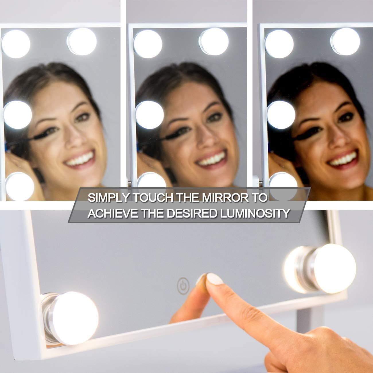 Waneway Lighted Dresser Mount Vanity Mirror with 12 x 3W Dimmable LED Bulbs and Touch Control Design, Hollywood Style Makeup Cosmetic Mirrors with Lights, White