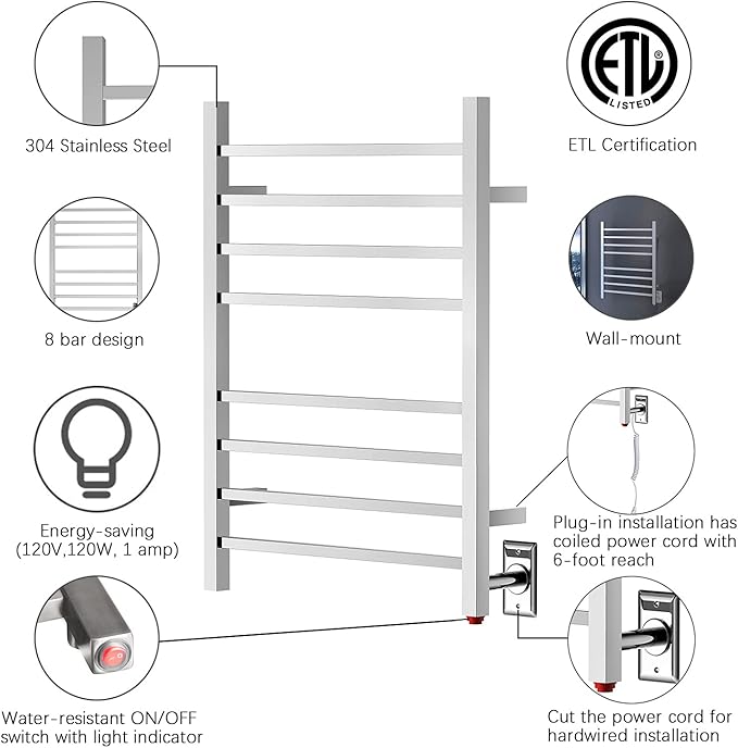 HEATGENE Towel Warmer, Heated Towel Warmer Rack, Wall-Mounted Hardwired/Plug-in - Image 3