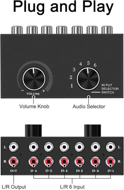 6-Way Audio Switcher, Right and Left Channel Stereo Audio Switcher, Plug & Play - Image 2