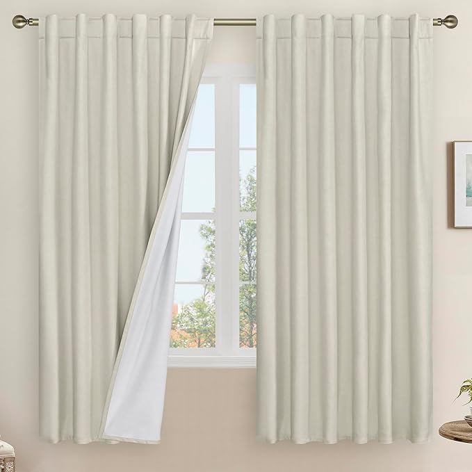 LAMIT 100% Blackout Natural Linen Curtains, 68 Inches Linen Textured Thermal by LAMIT