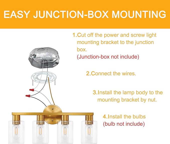 4 Light Gold Bathroom Vanity Light, Brushed Brass Bathroom Light Fixtures - Image 9