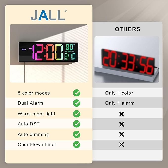 JALL 16" Large Digital Wall Mount Clock, Count Down Timer, Big LED, 8 RGB Color - Image 9
