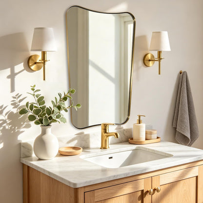 Irregular 20"x30" Brushed Gold Vanity Mirror | Anti-Rust Stainless Steel Frame, Soft Wavy Silhouette, Organic Bathroom Decor, Ideal for Bathroom Remodel, Hangs Vertically