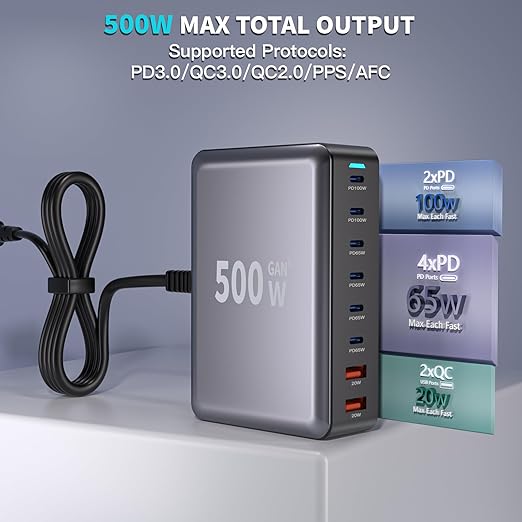 500W GaN USB C Charger Block Charging Station 8 Port Fast Charger Block - Image 3