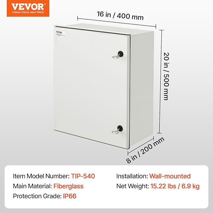 VEVOR Fiberglass Enclosure 19.7 x 15.7 x7.9 Electrical Enclosure Box NEMA 3X - Image 7