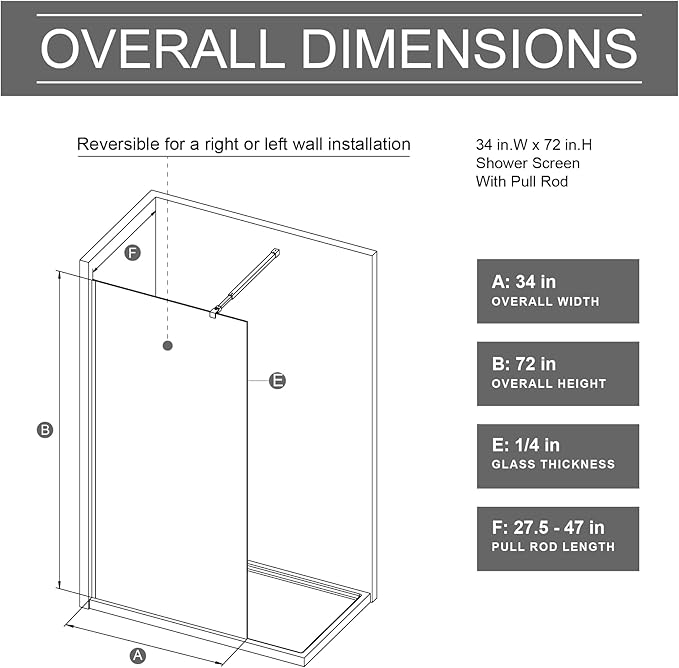 Goodyo 34"- 46" x 72" Glass Shower Door Clear Tempered Glass Panel Fixed Shower - Image 2