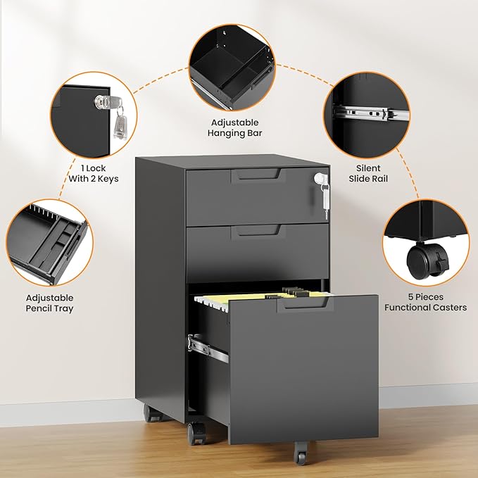 3 Drawer File Cabinet with Lock, Fully Assembled Metal Mobile Filing Cabinets - Image 6