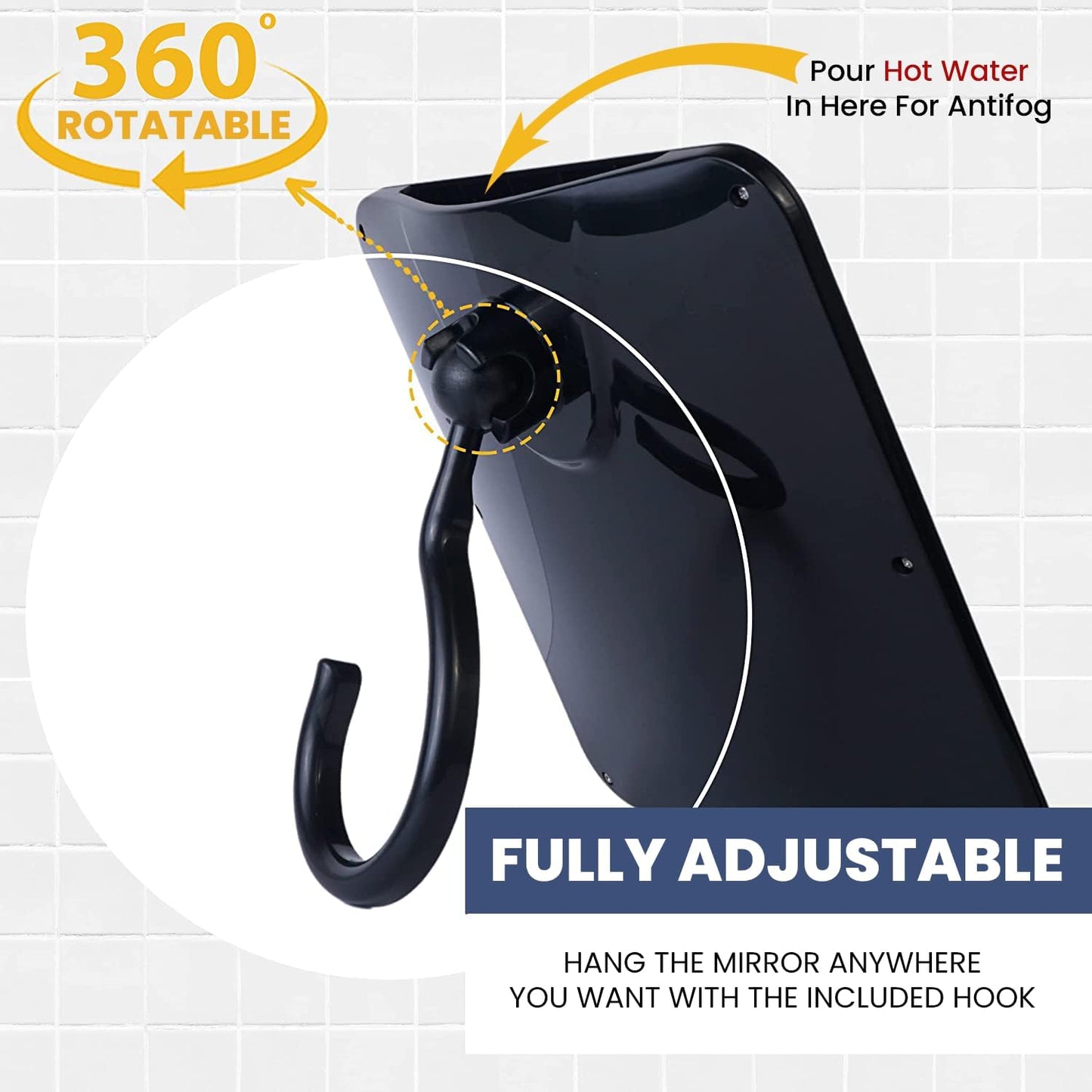 Fogless Shower Mirror for Shaving, Dual Antifog, 8" x 7" (Black) | Hot Water Reservoir, Hanging Hook & Shatterproof Design - Fog-Free Reservoir for Clear Shaves & Lasting Bathroom Convenience