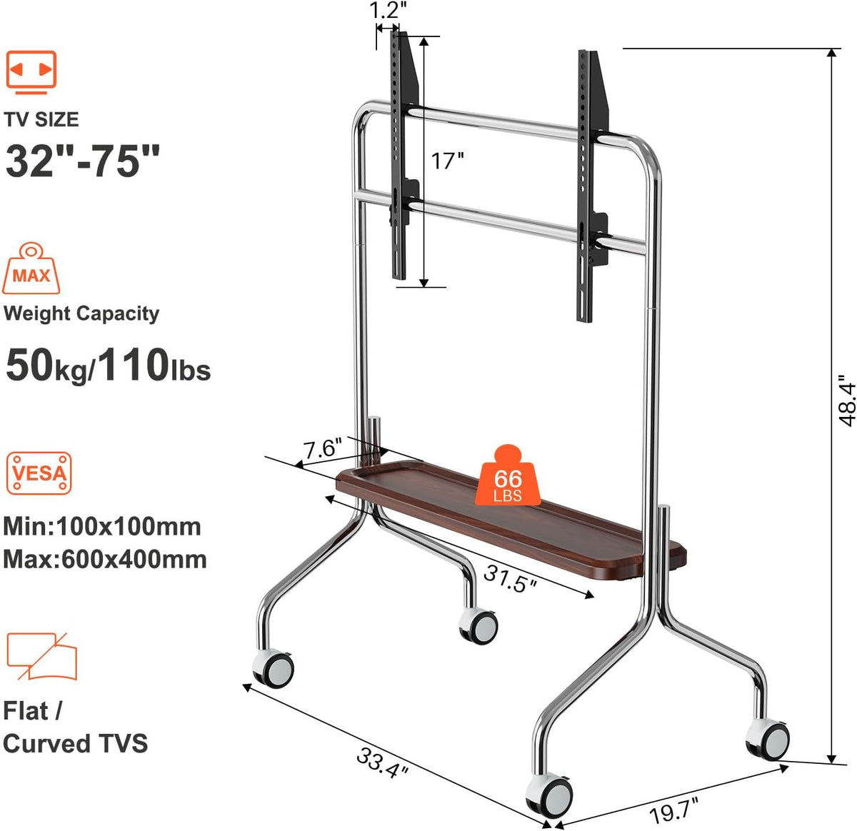 Easel Rolling TV Stand for 32-75" TVs, Stainless Steel TV Cart with Shelf