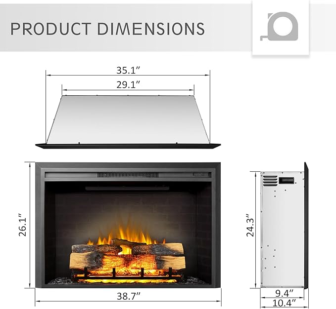 LegendFlame Carl 39" W Electric Fireplace Insert, Fireplace Heater 750/1500W - Image 3
