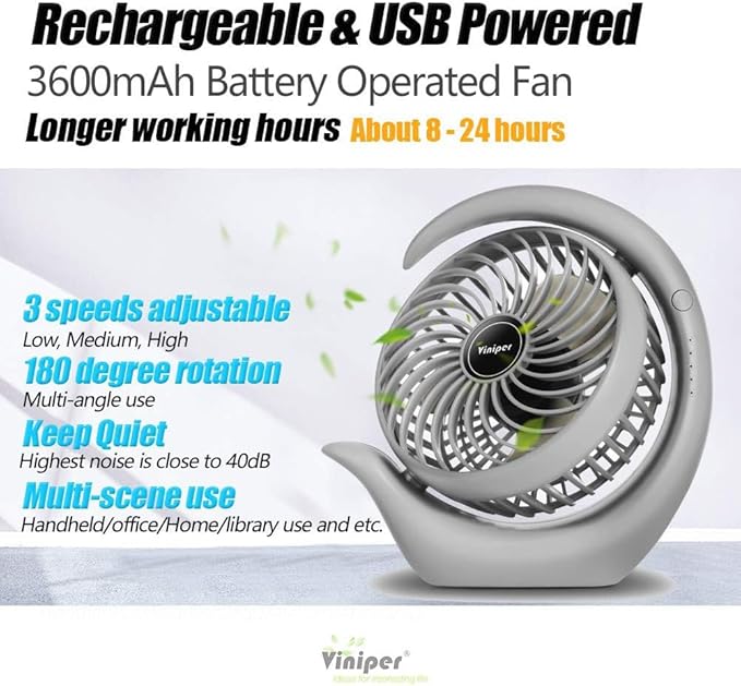 Viniper Portable Rechargeable Fan, Small Desk Fan : 3 Speeds & about 8-24 Hours - Image 2