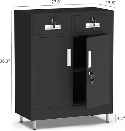 Metal Storage Cabinet with Locking Doors and 2 Drawers, Lockable Storage - Image 3