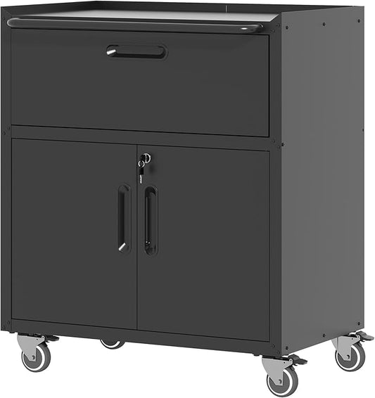 Metal Storage Cabinet with Wheels, Lockable Garage Storage Cabinet with 2 Doors by BIZOEIRON