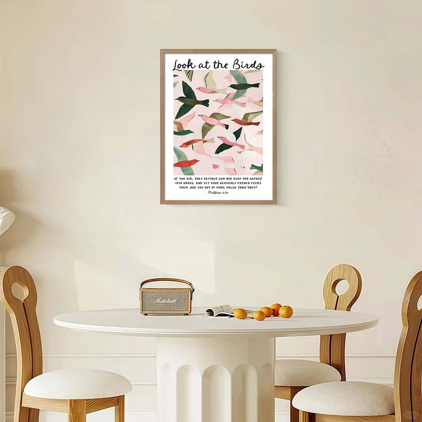 Matthew 6 Look At the Birds Wall Art Framed Christian Wall Deco 16x12 Inch | Ready to Hang Modern Christian Canvas Prints Religious Bible Verse Painting Picture Living Room Bedroom Church Prayer Room