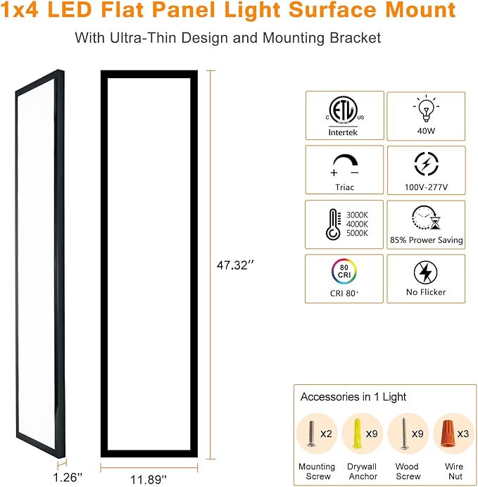 Mcacggo Black 1x4 LED Flat Panel Light Surface Mount, 5000K-4000K-3000K - Image 7
