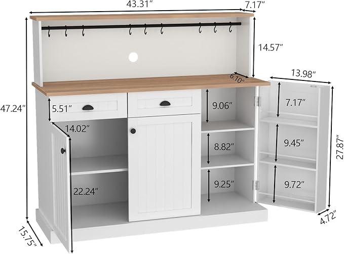 Sideboard Buffet Cabinet with 2 Drawers, Farmhouse Kitchen Pantry with - Image 2