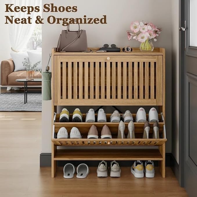 wanan 31.5" Shoe Cabinet with 2 Flip Slatted Drawers, Adjustable & Removable - Image 7
