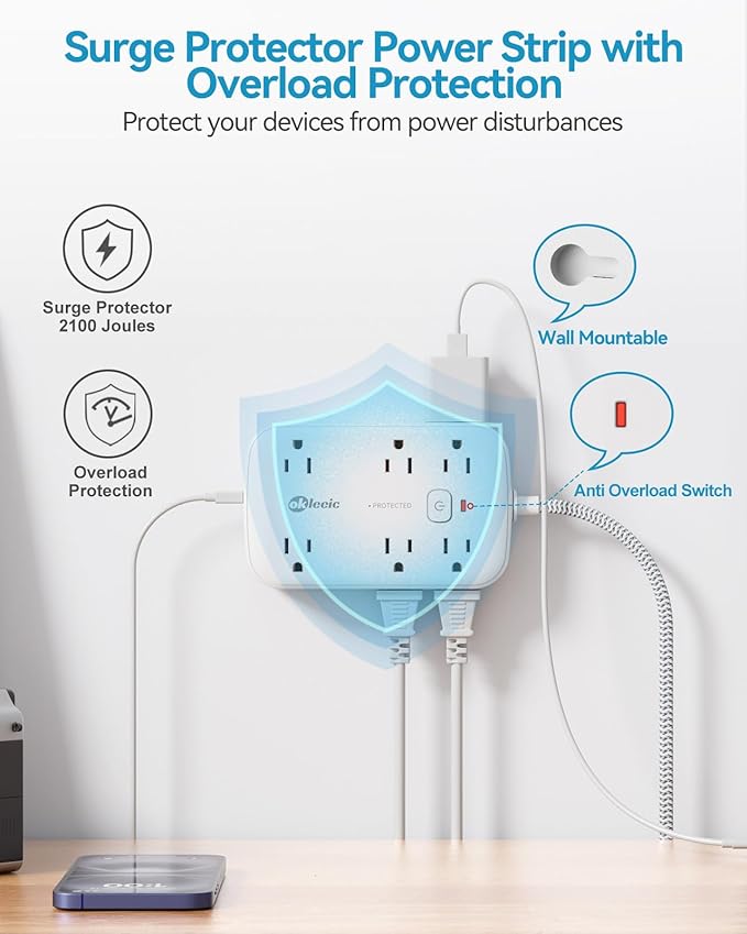 Power Strip with USB, 2100J Surge Protector Flat Plug Extension Cord 5ft - Image 5