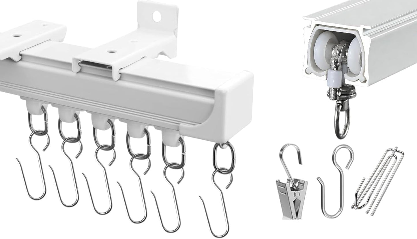 18 Ft Heavy-Duty Aluminium Curtain Track System, Wall and Ceiling Mounted, Rails with Quiet Glide Runners, Hooks, Brackets for Window, Door, Room Divider (White, 0.91m x 6)
